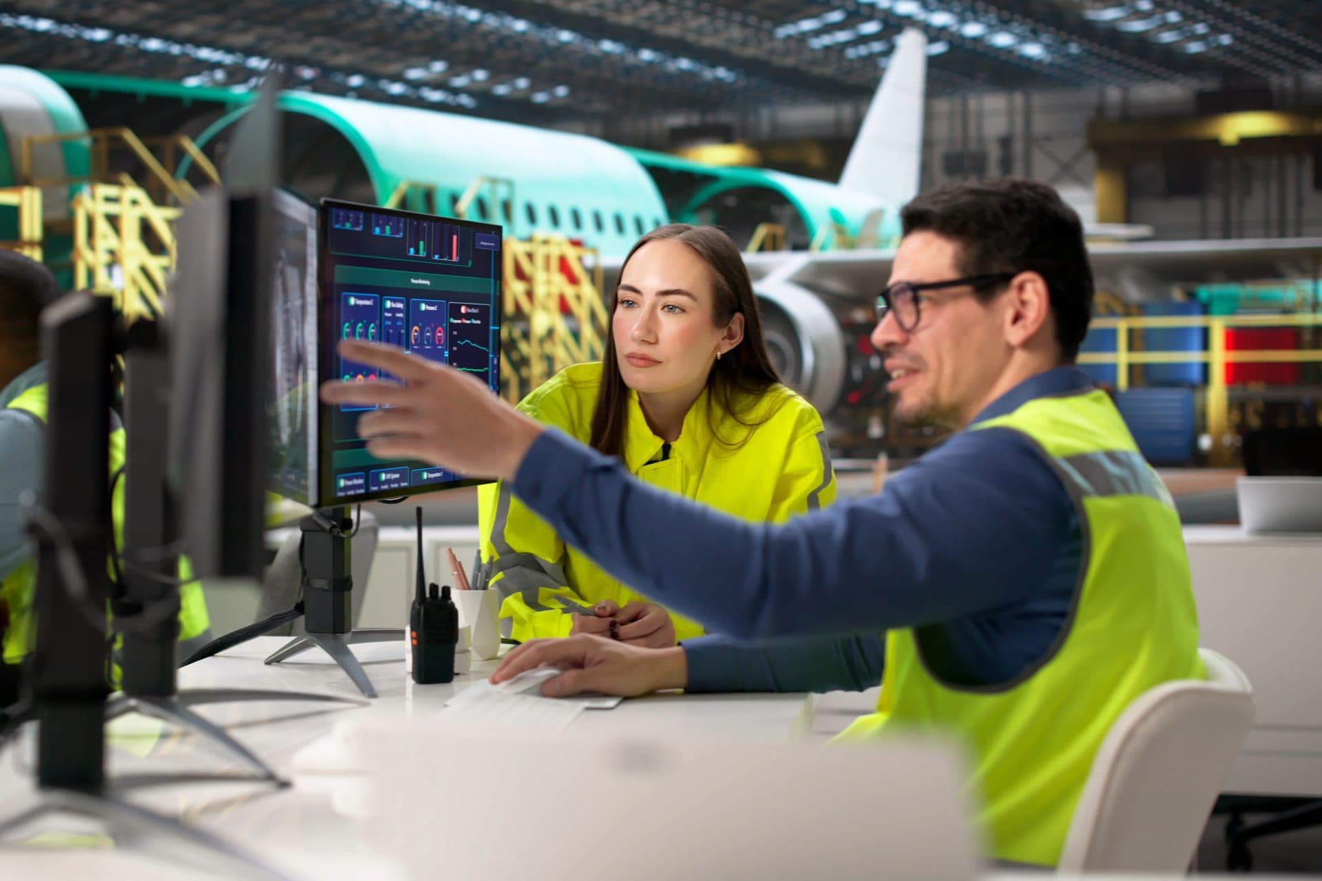 Technical specialists reviewing maintenance data