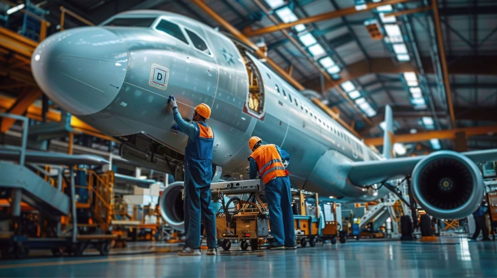 Technicians servicing an aircraft in the hangar