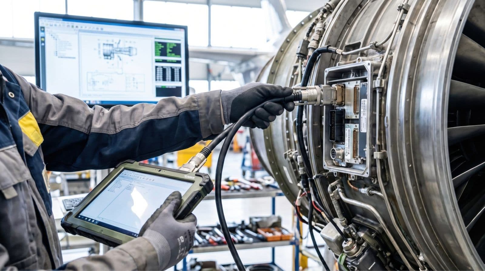 An engineer running diagnostics on a jet engine
